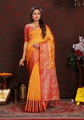 Golden Jacquard Organza Silk Saree Set