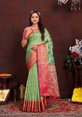 Golden Jacquard Organza Silk Saree Set