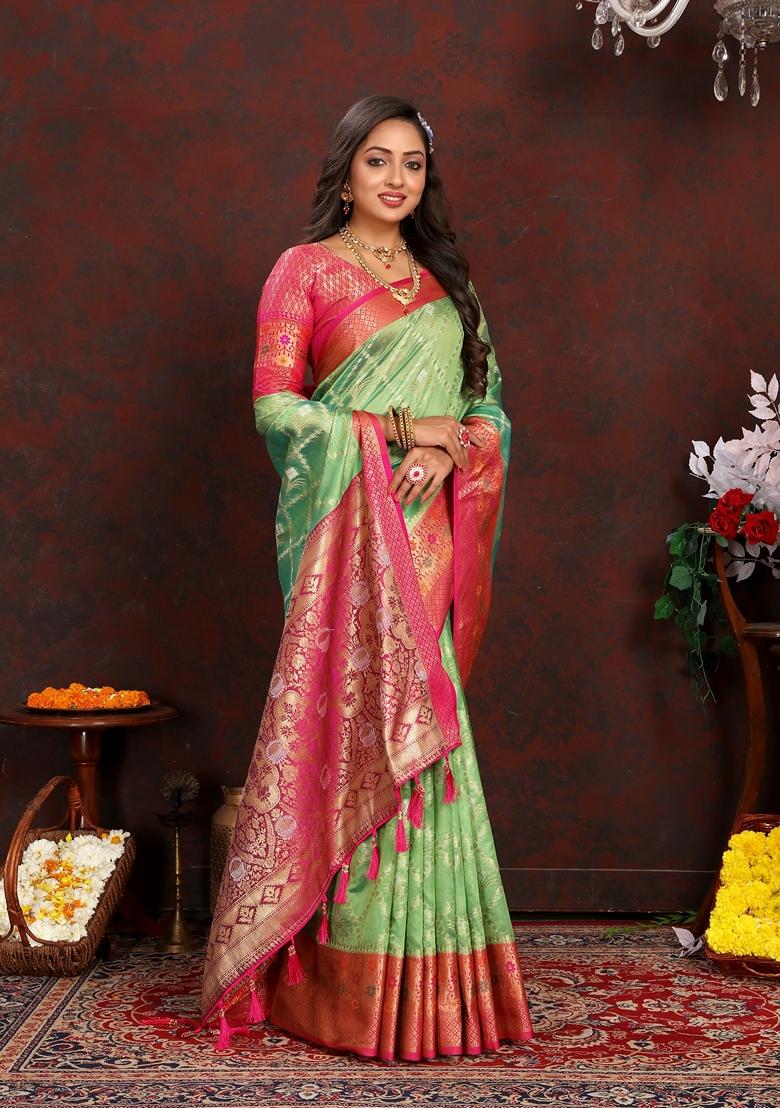 Golden Jacquard Organza Silk Saree Set