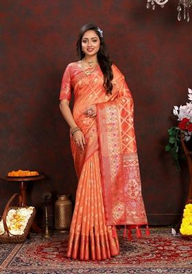 Golden Jacquard Organza Silk Saree Set