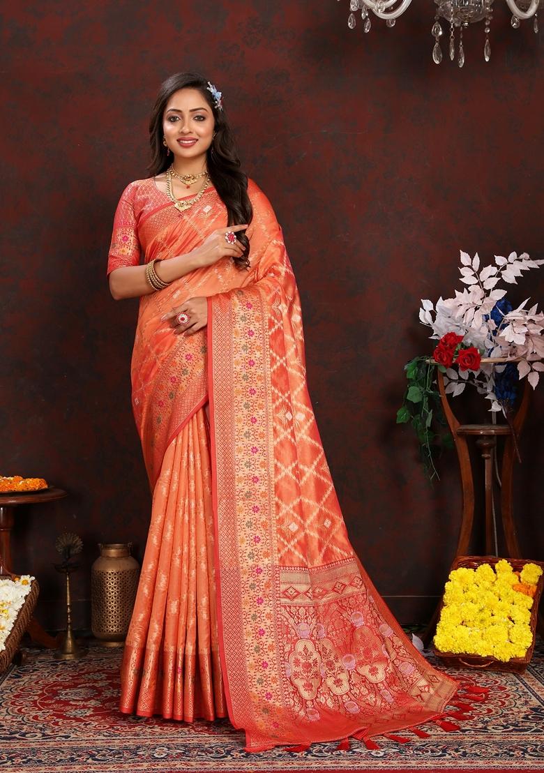 Golden Jacquard Organza Silk Saree Set