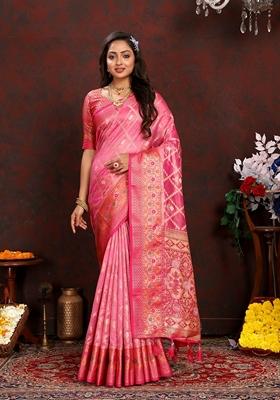Golden Jacquard Organza Silk Saree Set