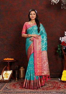 Golden Jacquard Organza Silk Saree Set