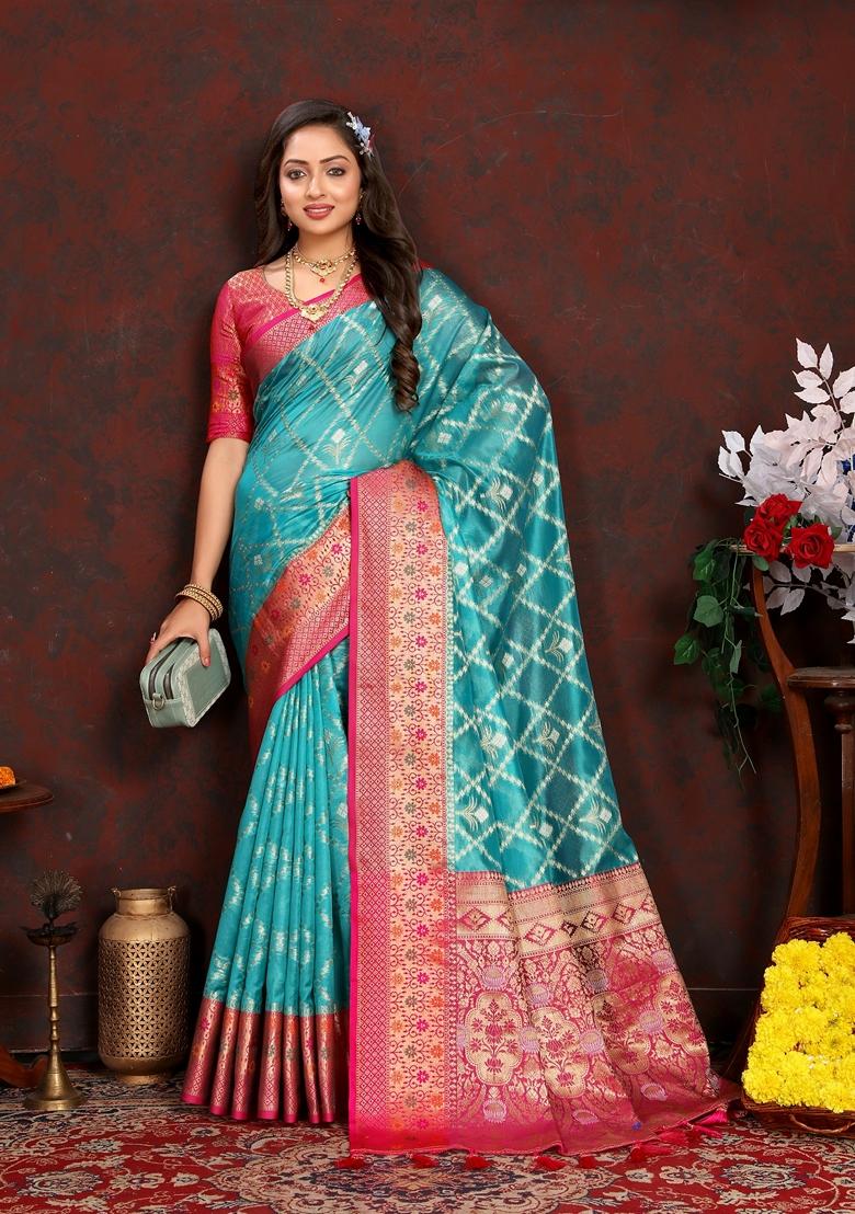 Golden Jacquard Organza Silk Saree Set
