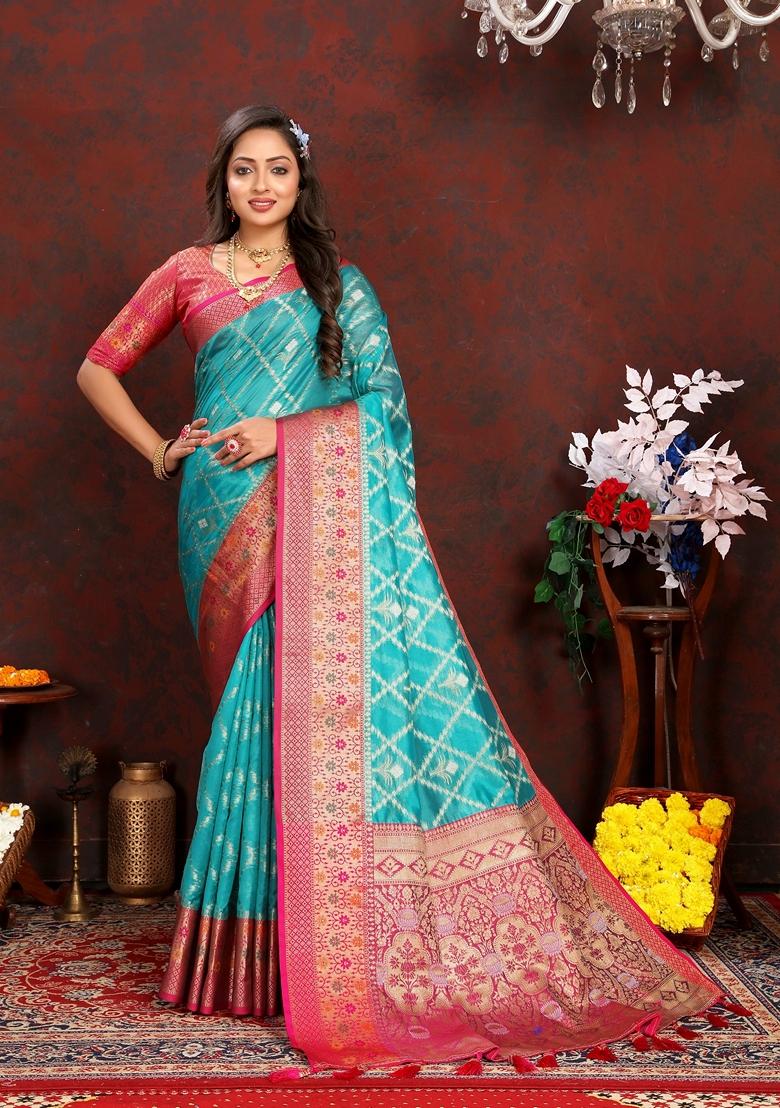 Golden Jacquard Organza Silk Saree Set