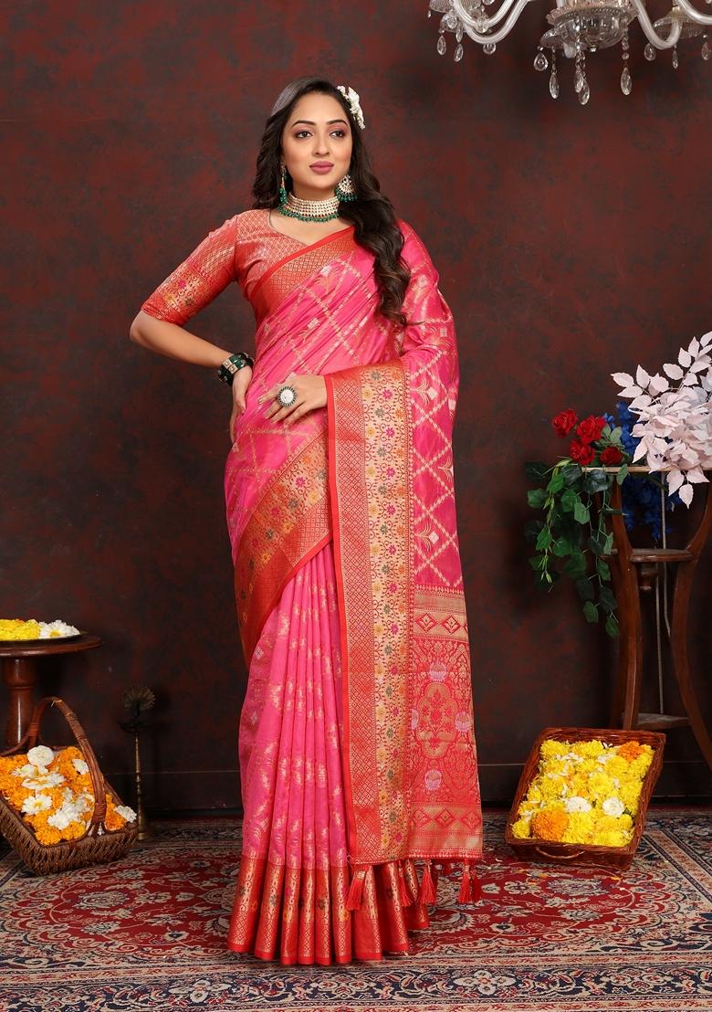 Golden Jacquard Organza Silk Saree Set