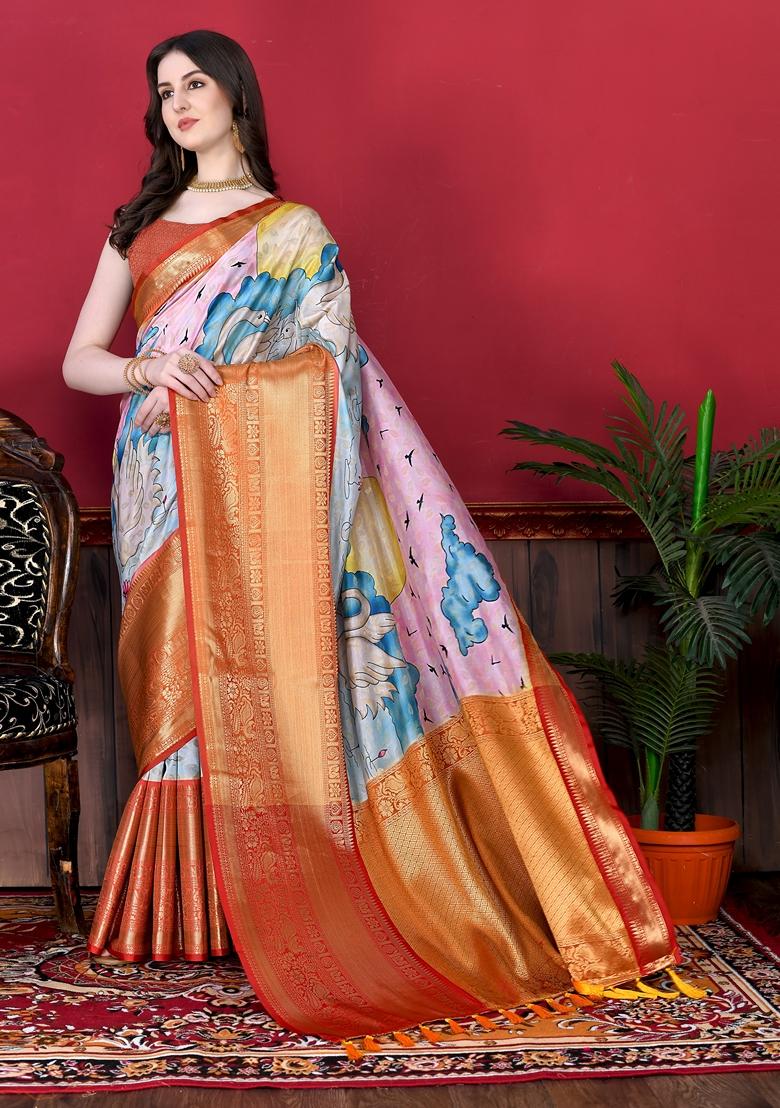 Golden Digital Print Jacquard Litchi Silk Saree Set