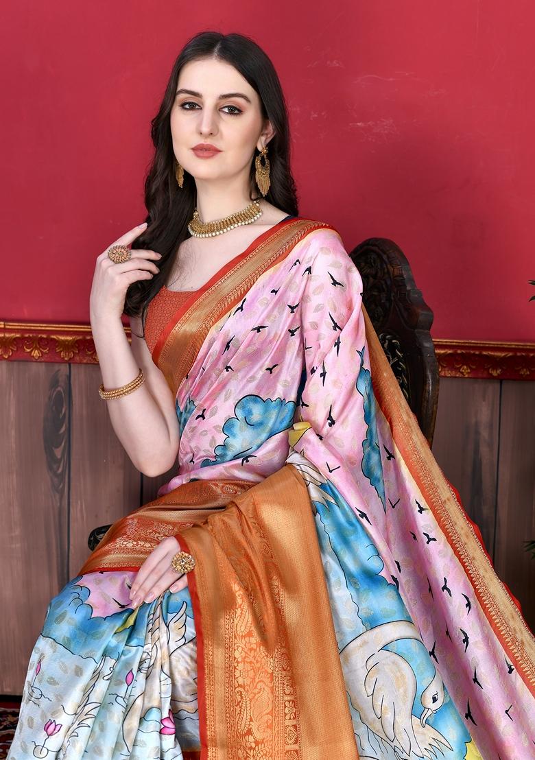Golden Digital Print Jacquard Litchi Silk Saree Set