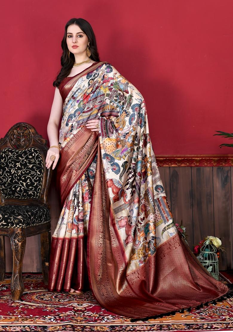 Golden Digital Print Jacquard Litchi Silk Saree Set