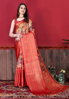 Golden Digital Print Jacquard Litchi Silk Saree Set