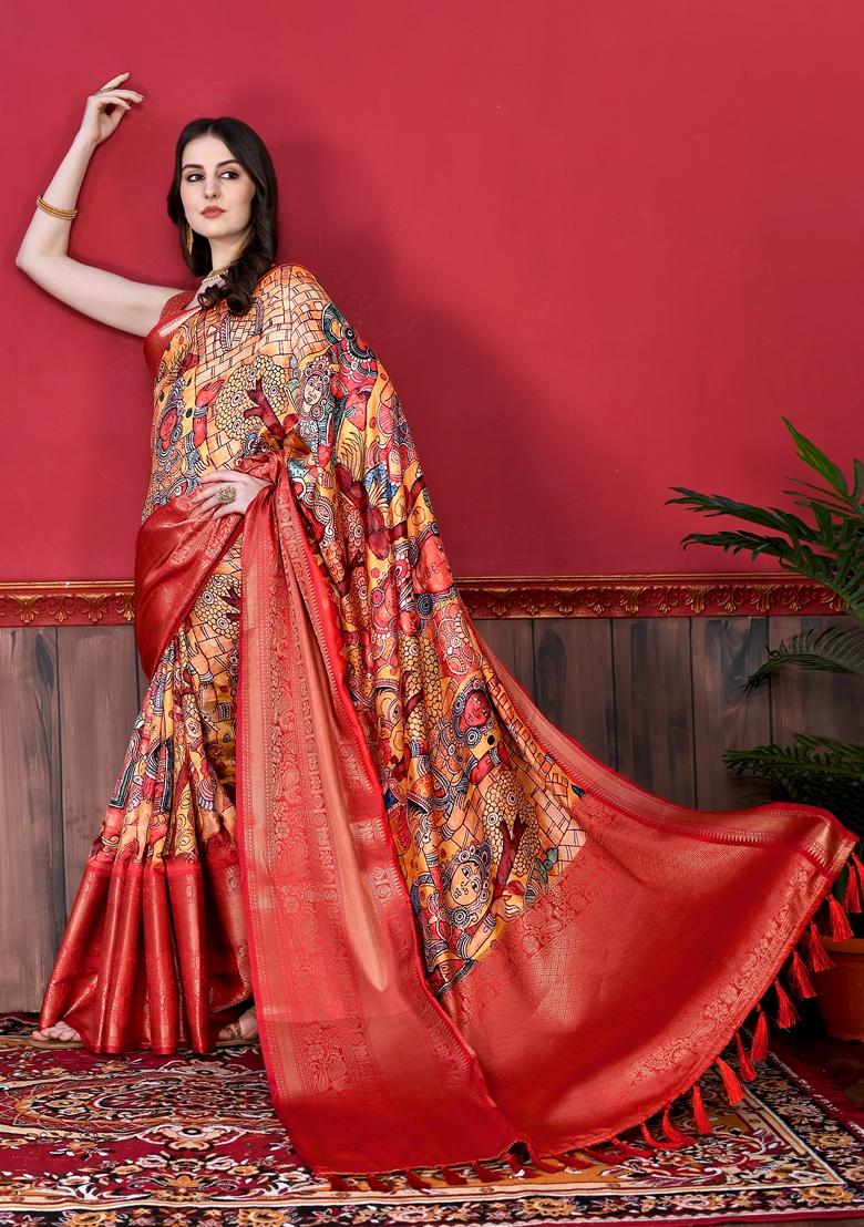 Golden Digital Print Jacquard Litchi Silk Saree Set