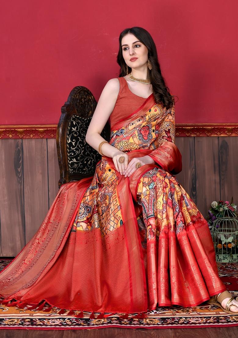 Golden Digital Print Jacquard Litchi Silk Saree Set