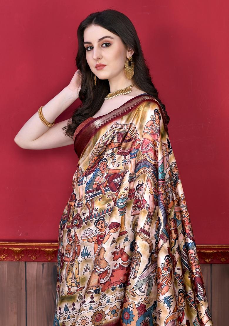 Golden Digital Print Jacquard Litchi Silk Saree Set