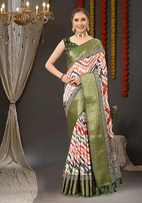 Golden Digital Print Jacquard Litchi Silk Saree Set