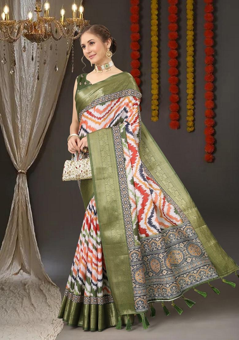 Golden Digital Print Jacquard Litchi Silk Saree Set