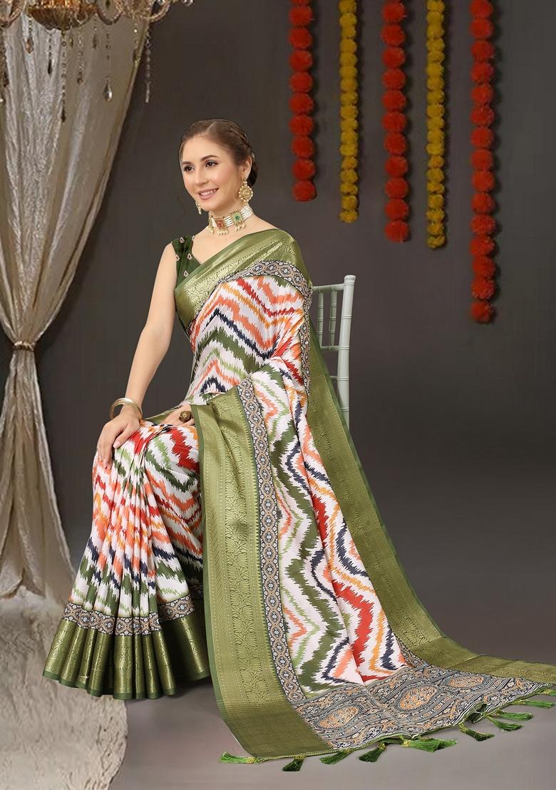 Golden Digital Print Jacquard Litchi Silk Saree Set