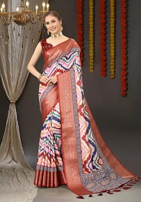 Golden Digital Print Jacquard Litchi Silk Saree Set
