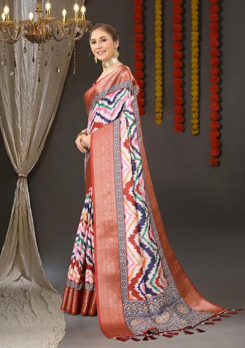 Golden Digital Print Jacquard Litchi Silk Saree Set
