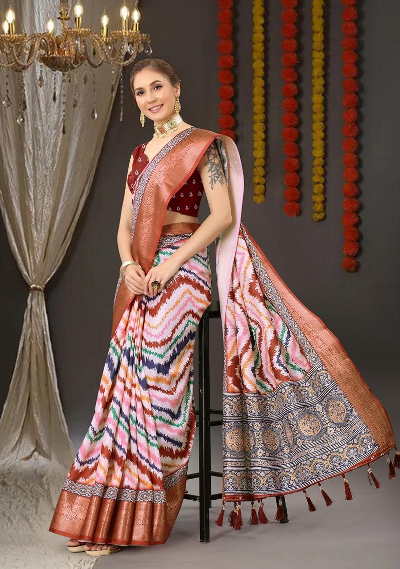Golden Digital Print Jacquard Litchi Silk Saree Set