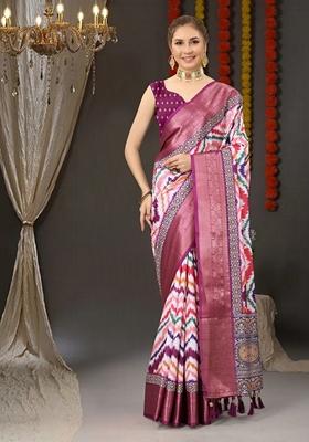 Golden Digital Print Jacquard Litchi Silk Saree Set
