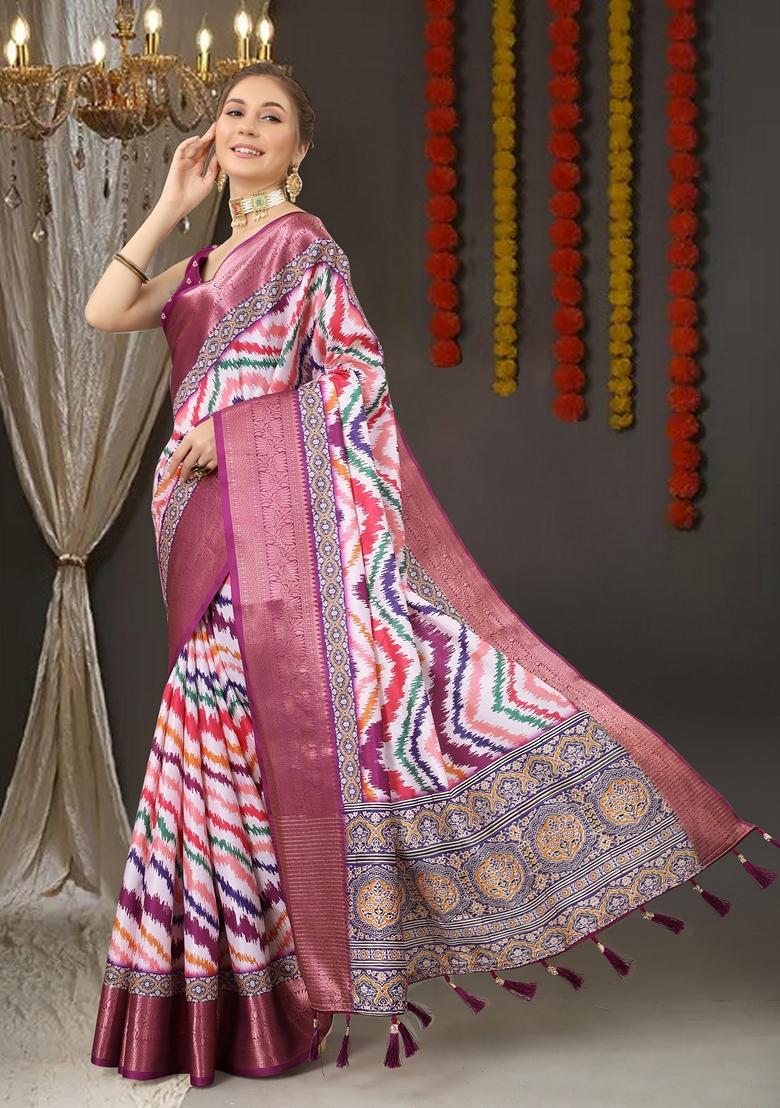 Golden Digital Print Jacquard Litchi Silk Saree Set