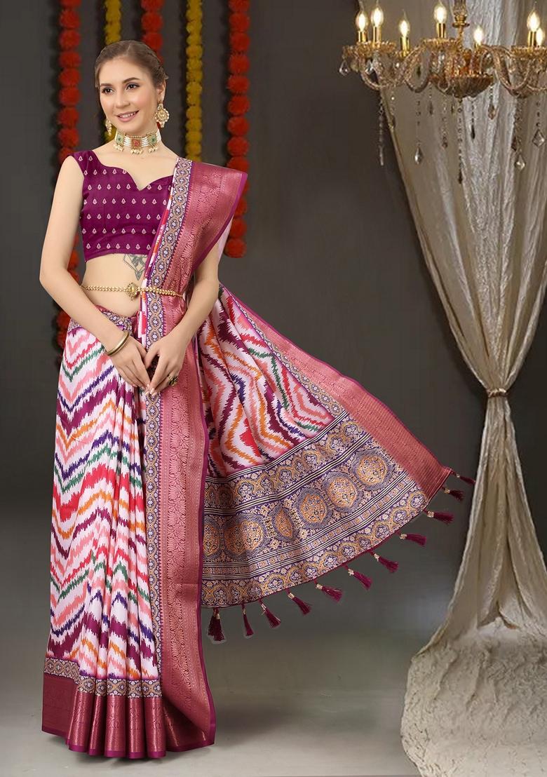 Golden Digital Print Jacquard Litchi Silk Saree Set