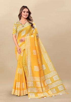 Golden Digital Print Cotton Chanderi Saree Set