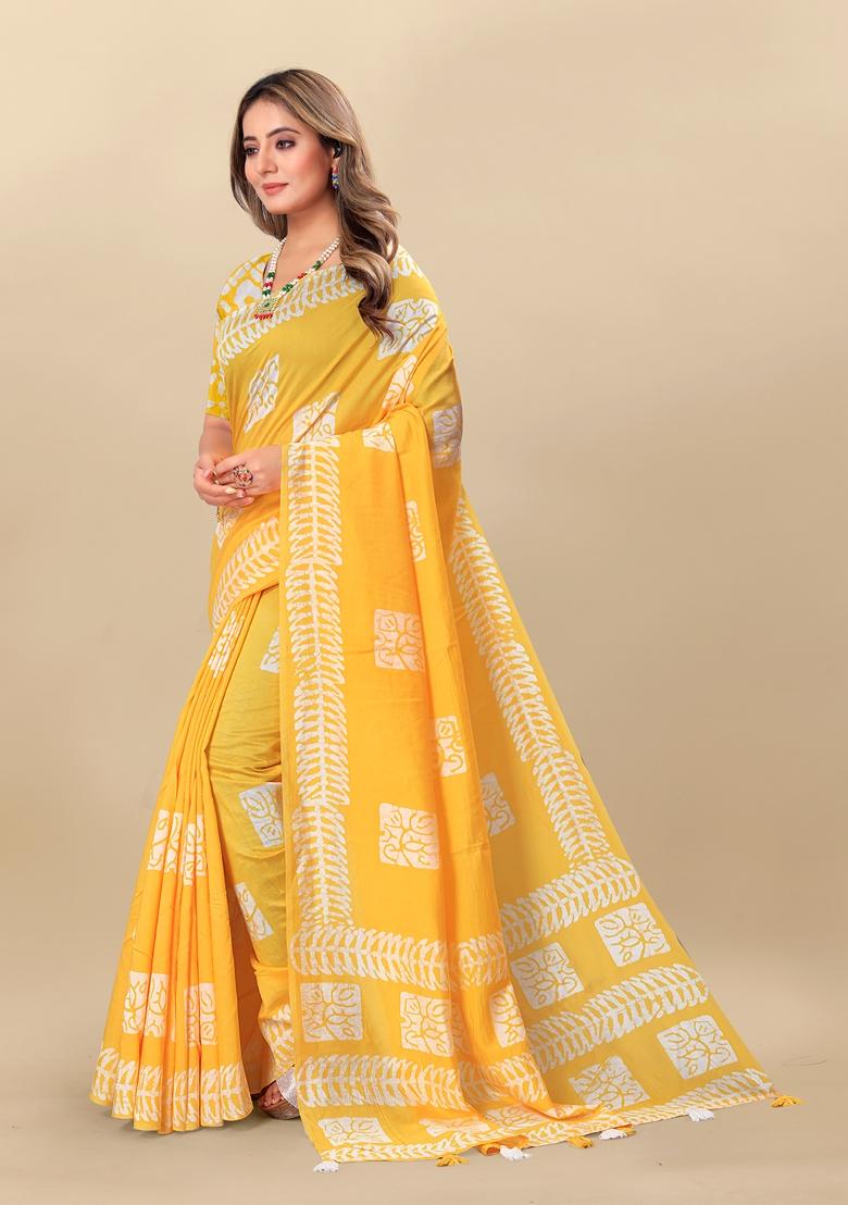 Golden Digital Print Cotton Chanderi Saree Set