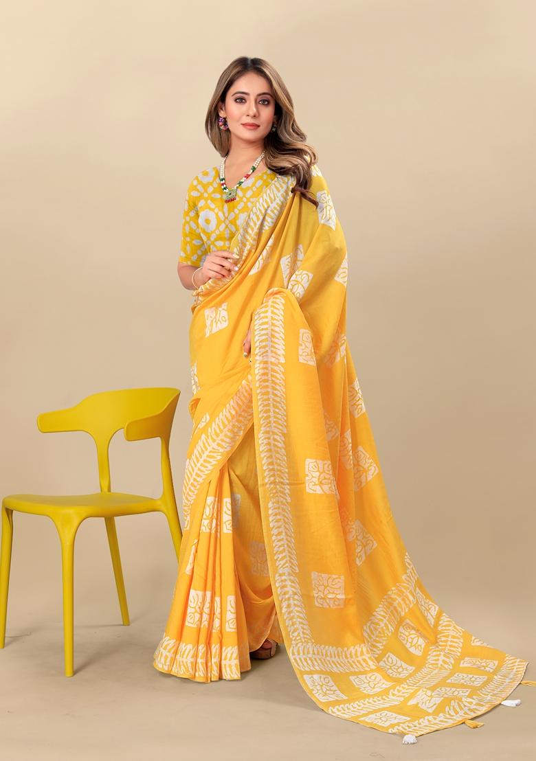 Golden Digital Print Cotton Chanderi Saree Set