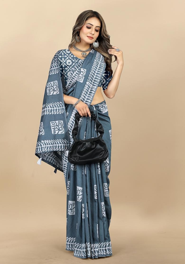 Golden Digital Print Cotton Chanderi Saree Set