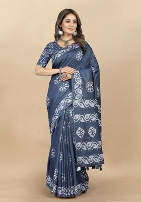Golden Digital Print Cotton Chanderi Saree Set