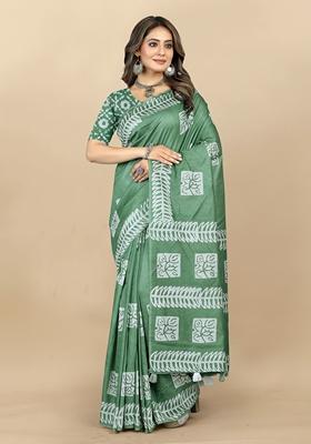 Golden Digital Print Cotton Chanderi Saree Set