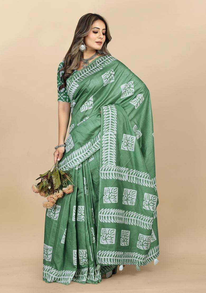 Golden Digital Print Cotton Chanderi Saree Set