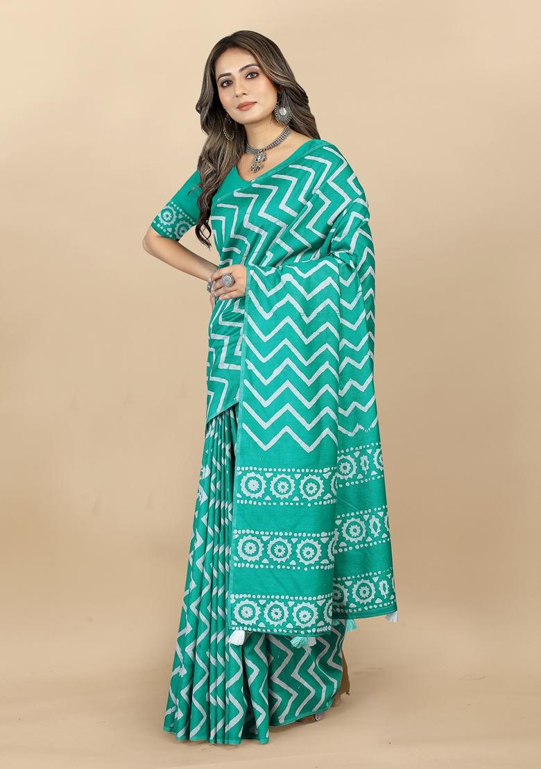 Golden Digital Print Cotton Chanderi Saree Set