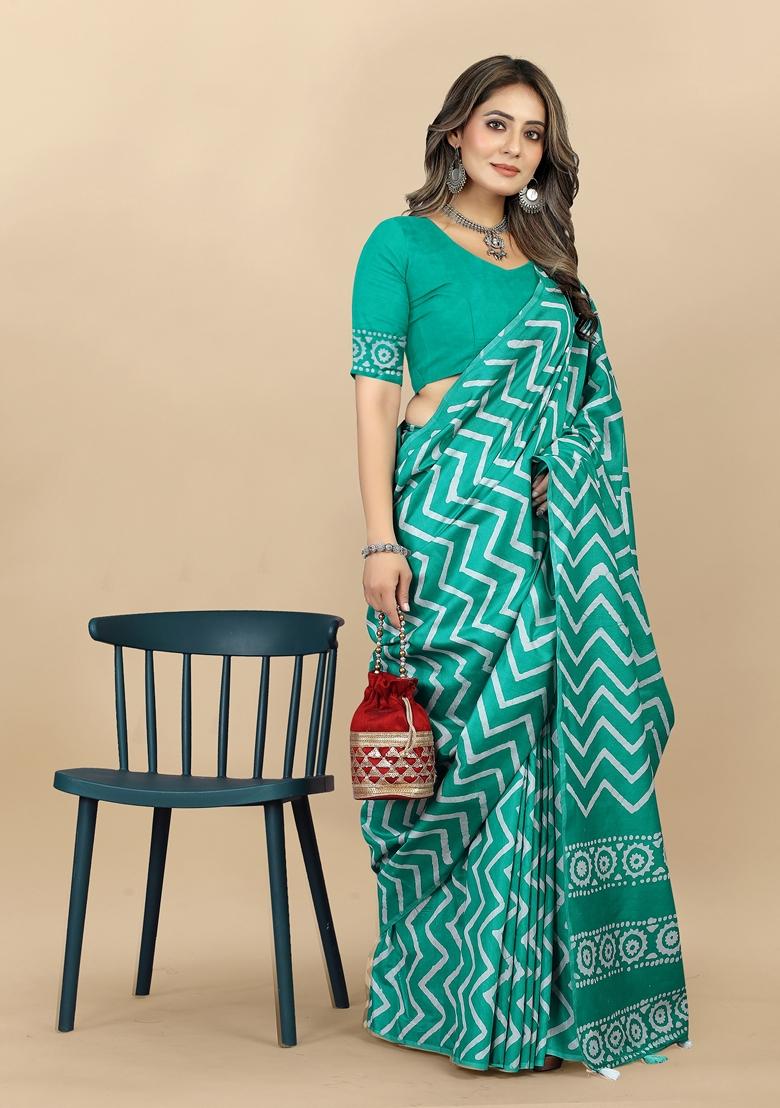 Golden Digital Print Cotton Chanderi Saree Set