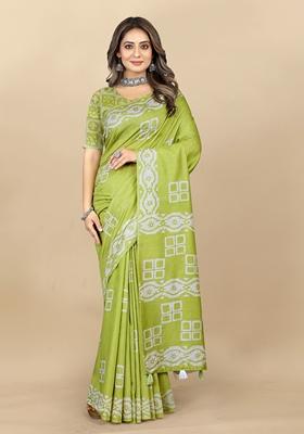 Golden Digital Print Cotton Chanderi Saree Set