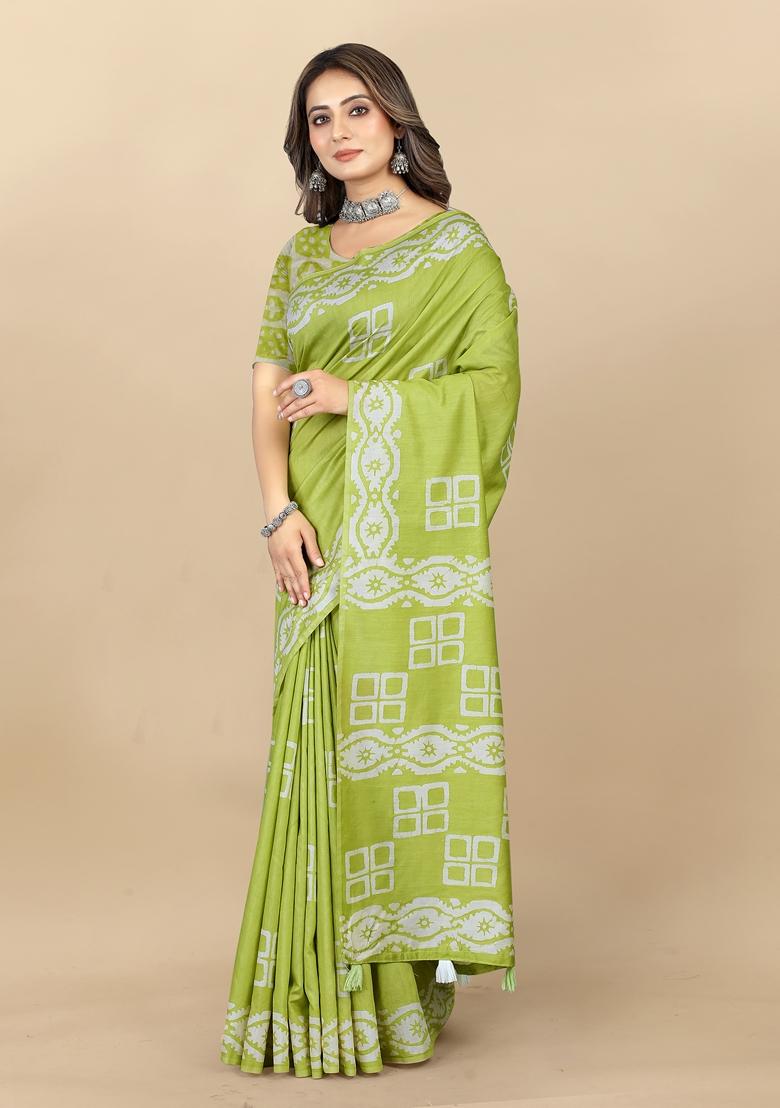 Golden Digital Print Cotton Chanderi Saree Set