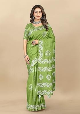 Golden Digital Print Cotton Chanderi Saree Set