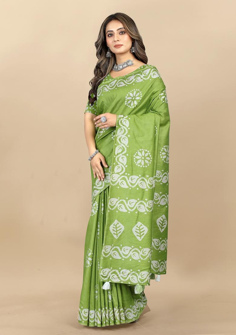 Golden Digital Print Cotton Chanderi Saree Set