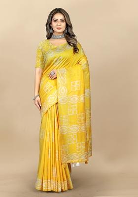 Golden Digital Print Cotton Chanderi Saree Set
