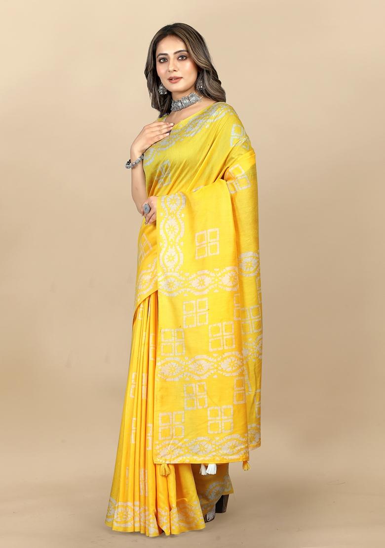Golden Digital Print Cotton Chanderi Saree Set