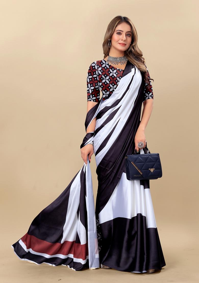 Golden Digital Print Japan Satin Saree Set