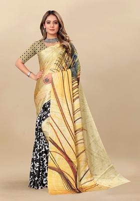 Golden Digital Print Japan Satin Saree Set