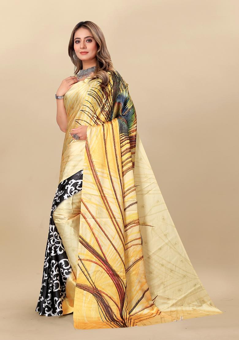 Golden Digital Print Japan Satin Saree Set