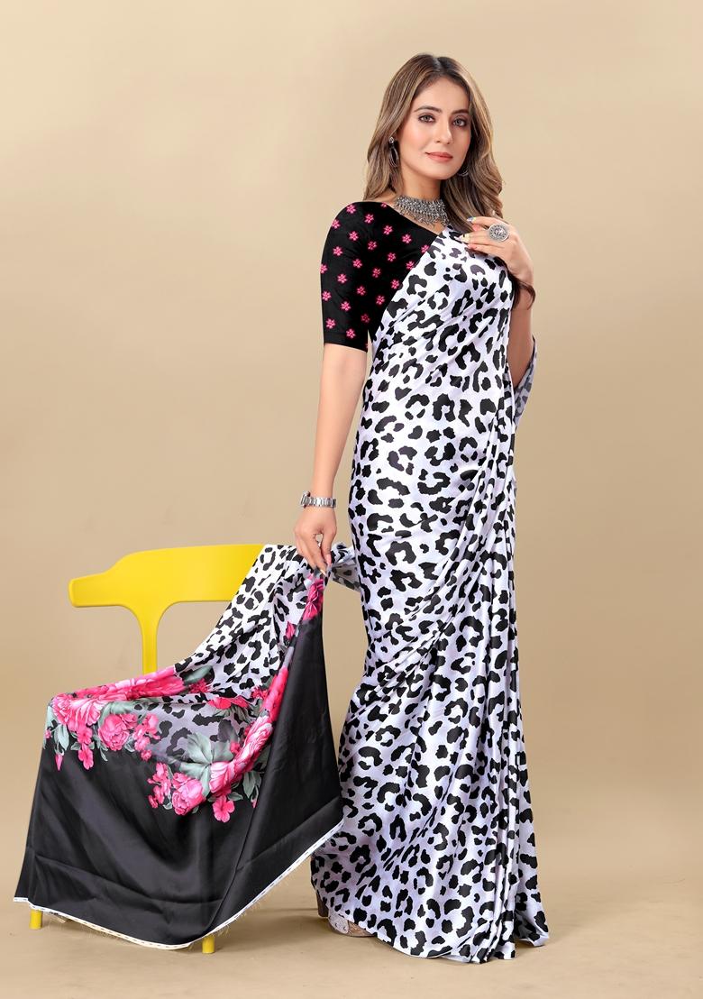 Golden Digital Print Japan Satin Saree Set