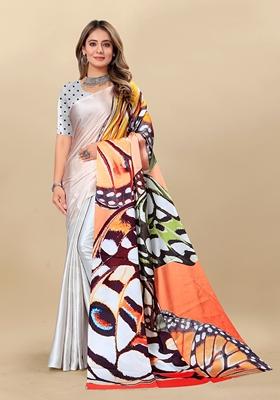 Golden Digital Print Japan Satin Saree Set
