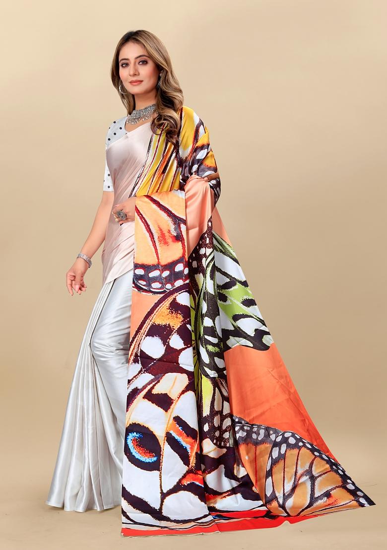 Golden Digital Print Japan Satin Saree Set