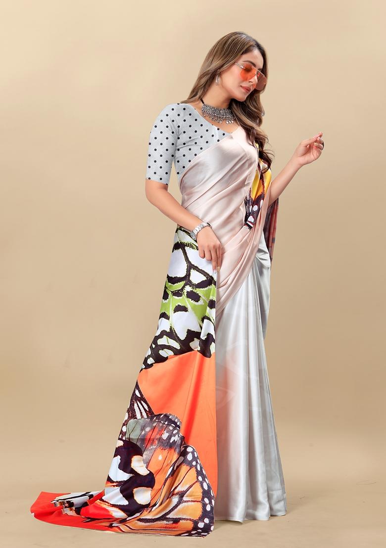 Golden Digital Print Japan Satin Saree Set
