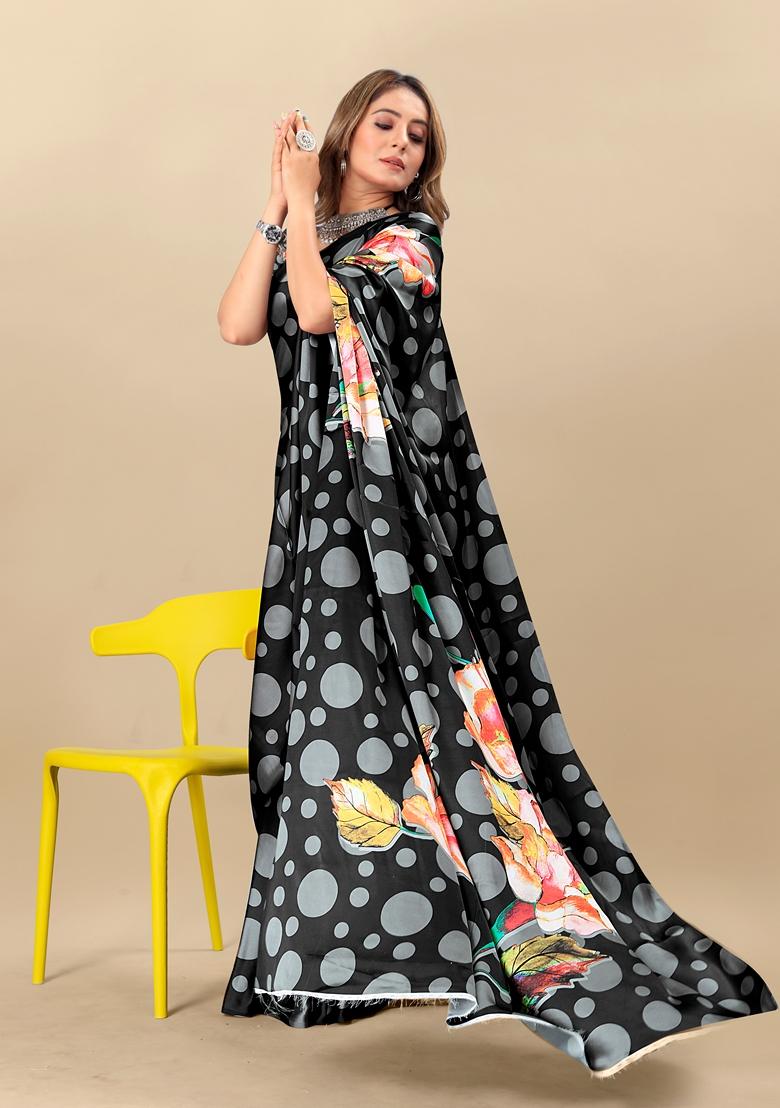 Golden Digital Print Japan Satin Saree Set