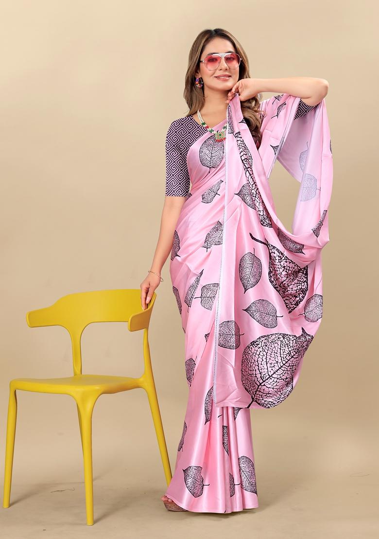 Golden Digital Print Japan Satin Saree Set